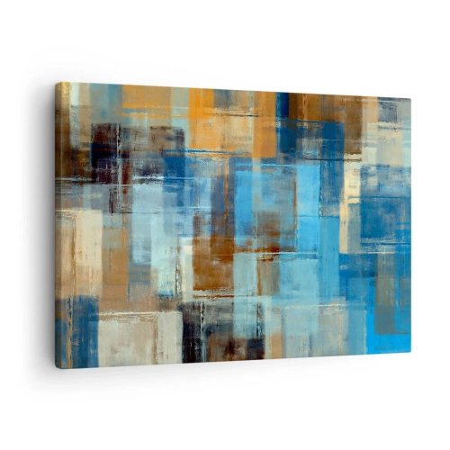 Lærredstryk - Billede på lærred - Abstrakt geometrisk komposition i nuancer af blå og brun - 70x50cm - Gennem det blå slør - Moderne vægdekoration til stue og soveværelse ARTTOR