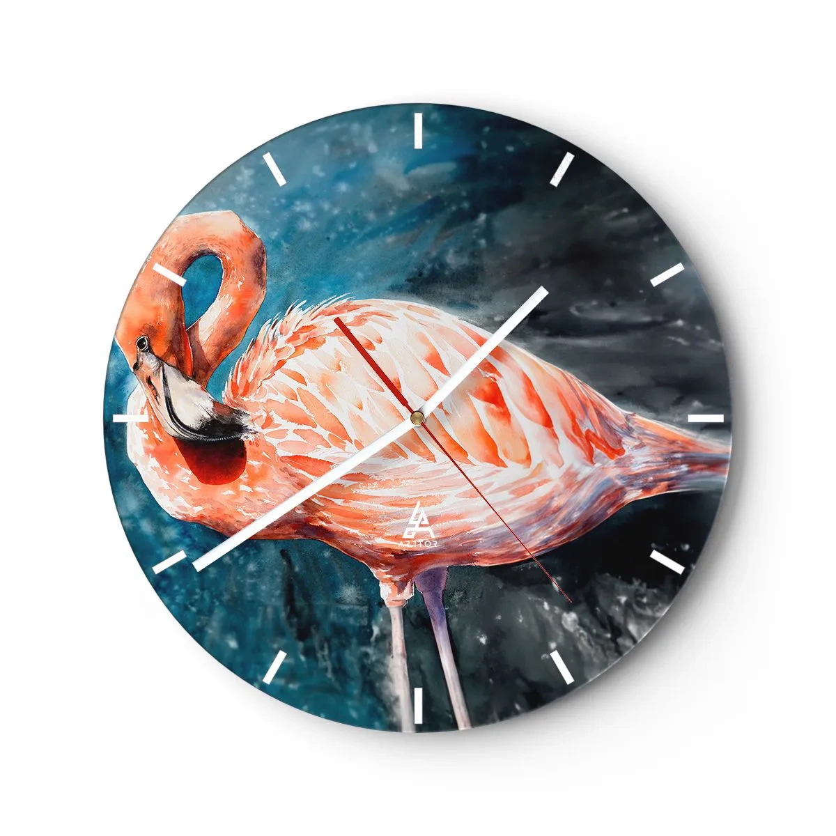 Vægur, Uret - Akvarel flamingo på en mørkeblå baggrund - 30x30cm - Dekorativ af natur - Moderne vægdekoration til stue, køkken og soveværelse ARTTOR