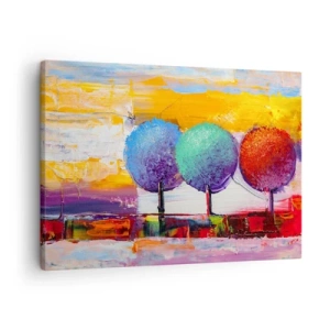 Lærredstryk - Billede på lærred - Tre farverige træer på en abstrakt baggrund - 70x50cm - Tredje gang er lykkens gang - Moderne vægdekoration til stue og soveværelse ARTTOR