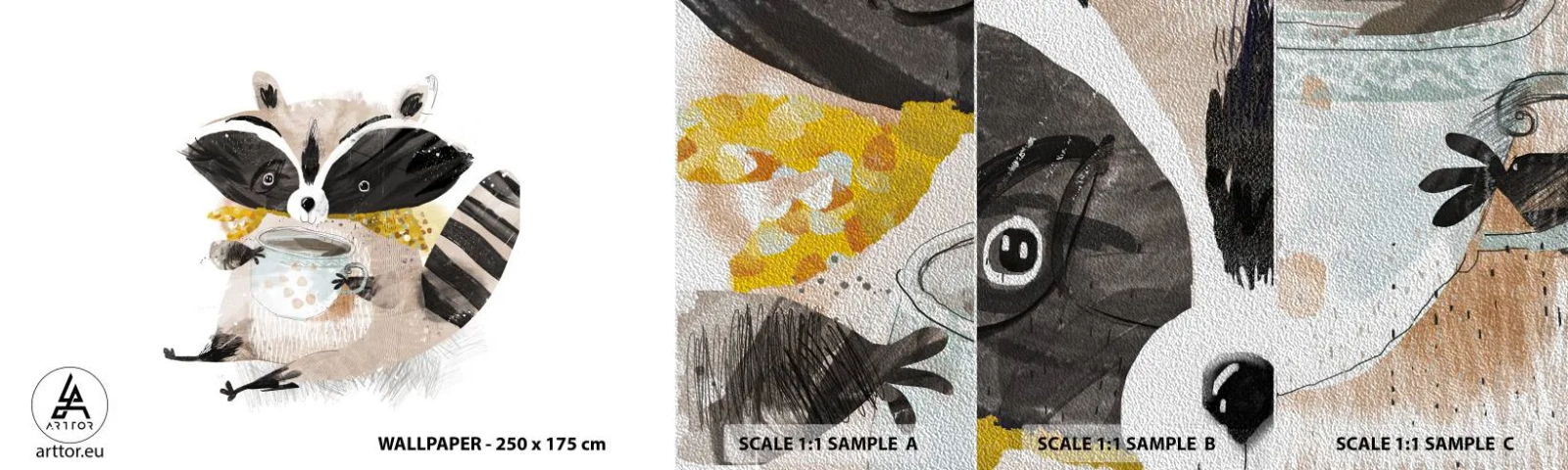 Prøve Fototapet Premium Sand - Min ven vaskebjørnen - For børn, Vaskebjørn, Grafik - 100x30 cm