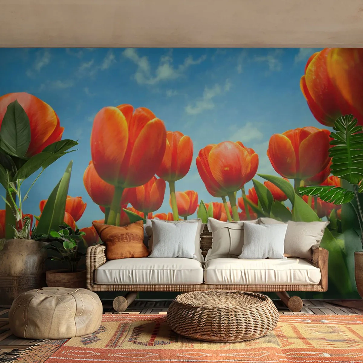 Fototapet Premium Canvas - Bortset fra den blå himmel behøver de intet i livet - Blomster, Tulipaner, Natur - 250x175 cm