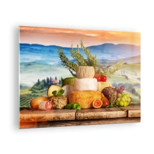 Billede på glas - En sammensætning af oste og frugter mod baggrunden af det toscanske landskab - 70x50cm - Italiensk livsglæde - Moderne vægdekoration til stue og soveværelse ARTTOR