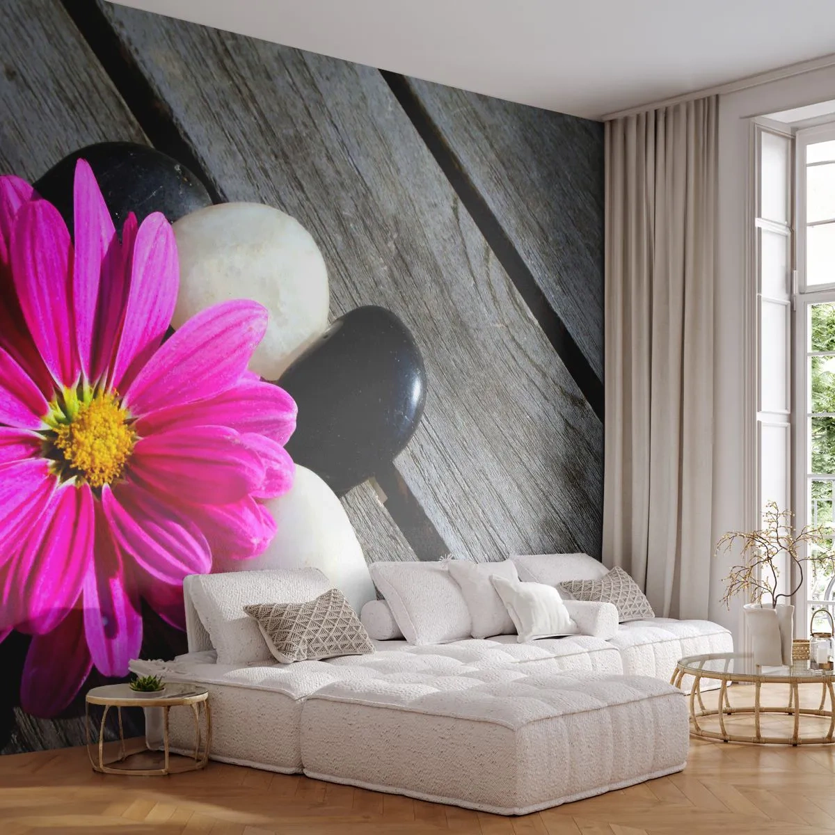 Fototapet Premium Sand - Hvil på molen - Blomst, Sten, træbro - 100x70 cm
