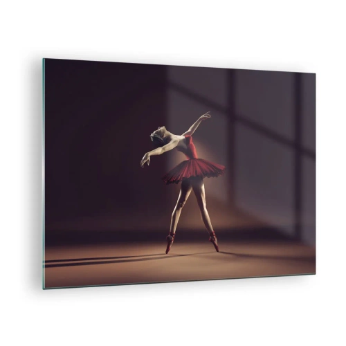 Billede på glas - En ballerina i en rød kjole i en dynamisk positur - 70x50cm - Prima ballerina - Moderne vægdekoration til stue og soveværelse ARTTOR