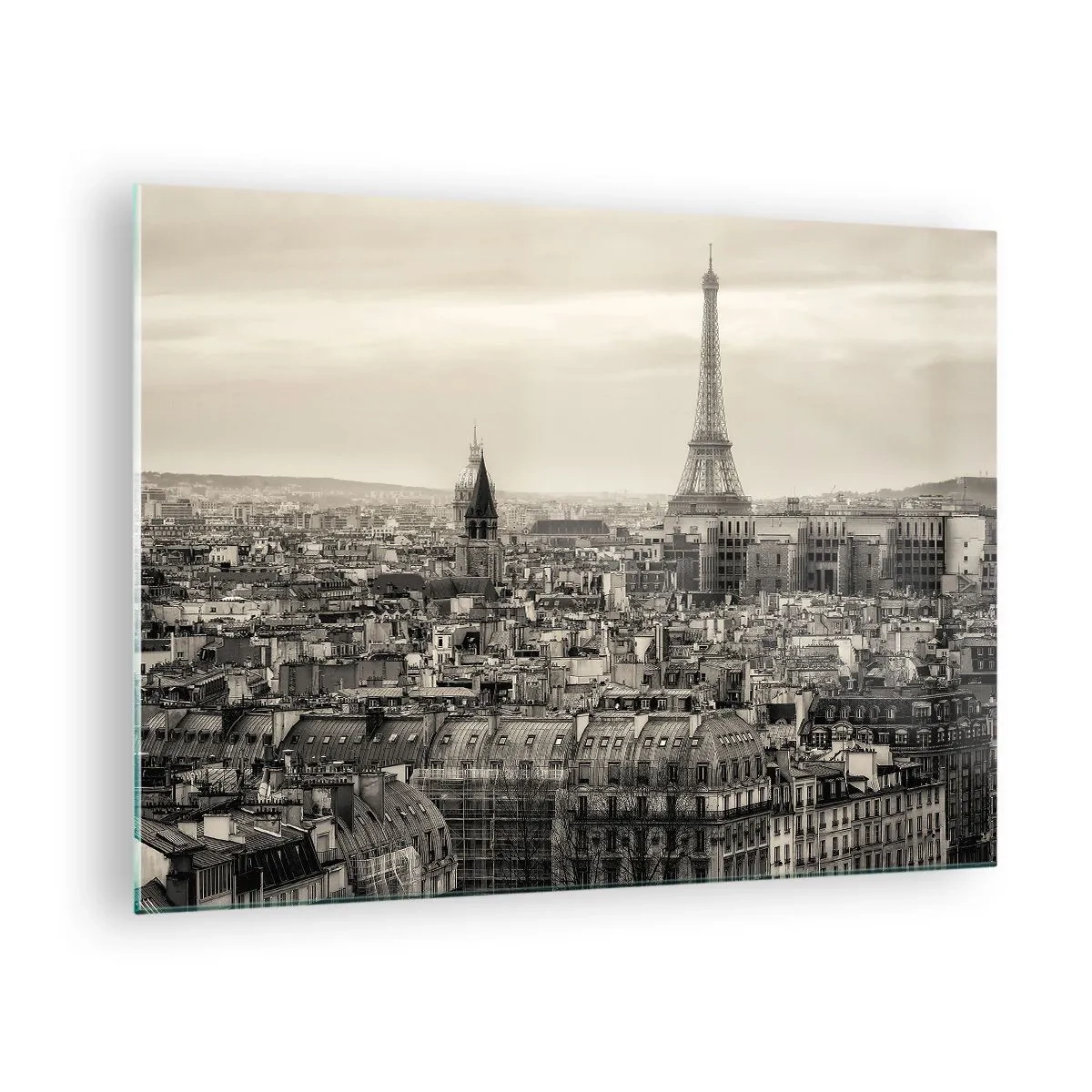 Billede på glas - Et panorama af Paris med udsigt over Eiffeltårnet i sepia-toner - 70x50cm - Over Paris' hustage - Moderne vægdekoration til stue og soveværelse ARTTOR