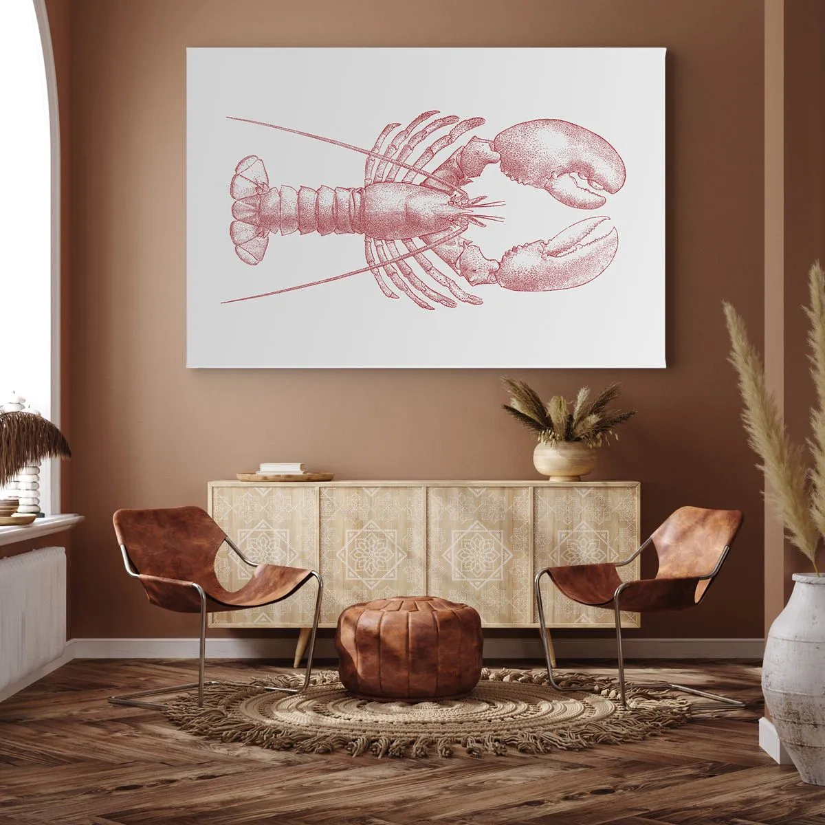 Lærredstryk - Billede på lærred - Tegning af en hummer i en rød nuance - 70x50cm - Hummer, der er Homer værdig - Moderne vægdekoration til stue og soveværelse ARTTOR