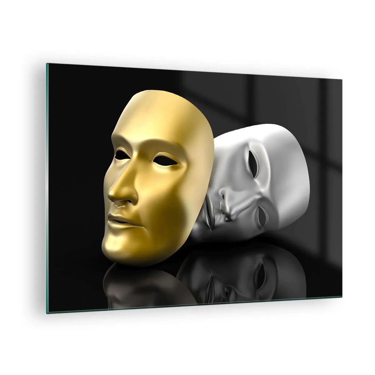 Billede på glas - Guld- og sølvmaske på sort baggrund - 70x50cm - Livet er teater - Moderne vægdekoration til stue og soveværelse ARTTOR