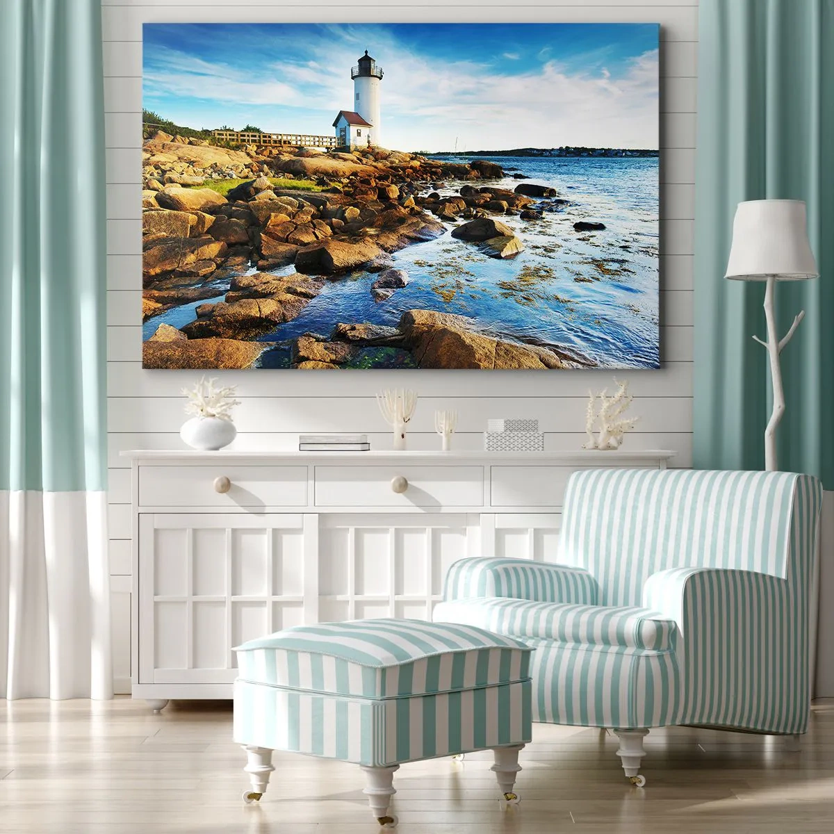Lærredstryk - Billede på lærred - Et fyrtårn på en klippekyst på en solskinsdag - 70x50cm - Vend tilbage med glæde, jeg ser frem til - Moderne vægdekoration til stue og soveværelse ARTTOR