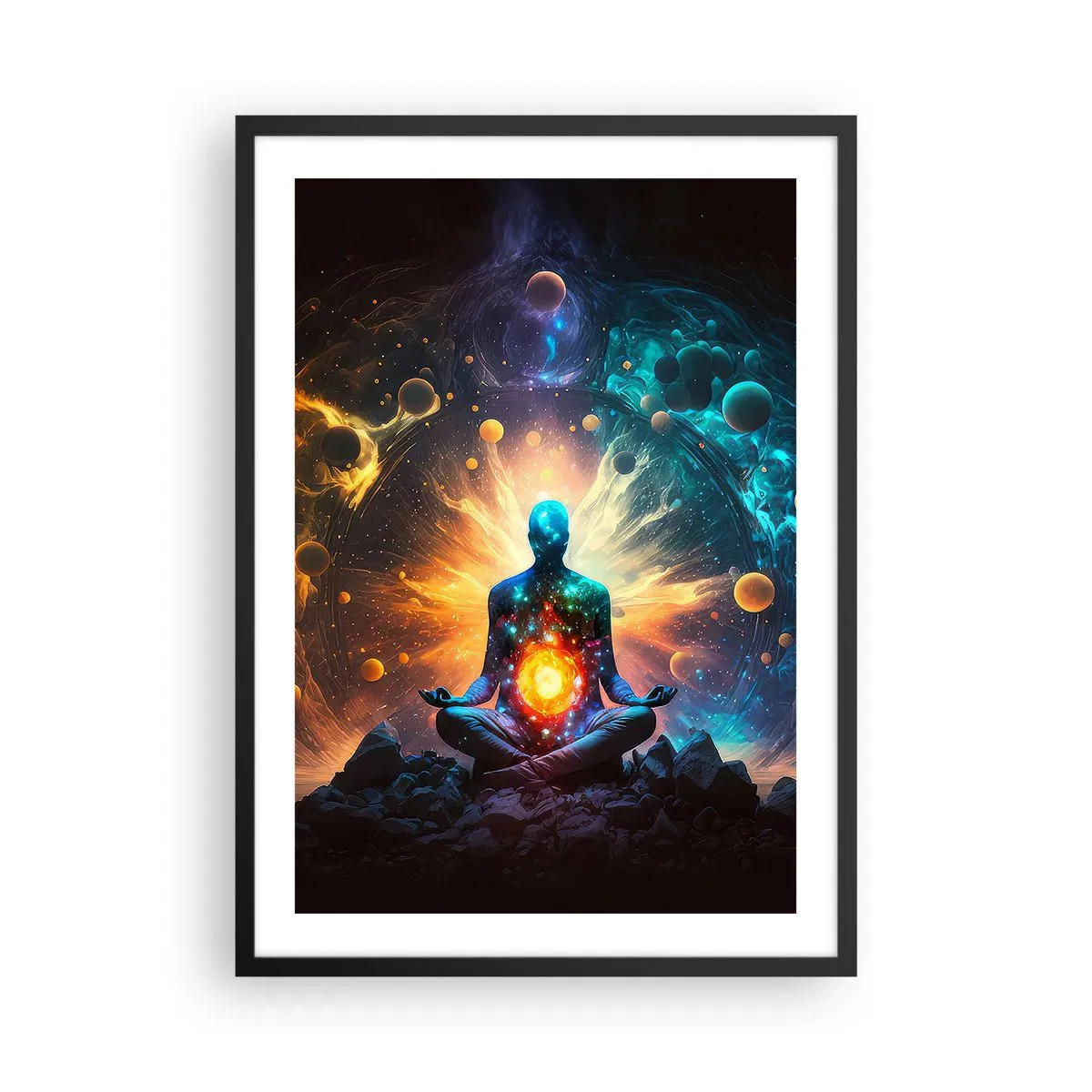 Plakat i sort ramme - En mediterende figur i en kosmisk aura fuld af energi - 50x70cm - Kosmisk ro - Moderne vægdekoration til stue og soveværelse ARTTOR