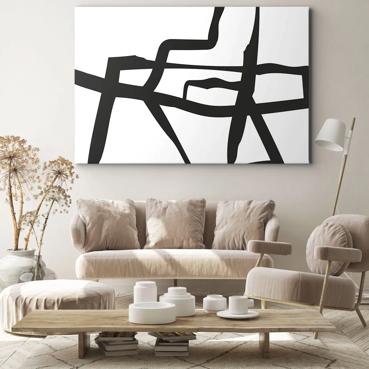 Lærredstryk - Billede på lærred - Minimalistisk sort-hvidt mønster med geometriske linjer - 70x50cm - Sort og hvid konstruktion - Moderne vægdekoration til stue og soveværelse ARTTOR