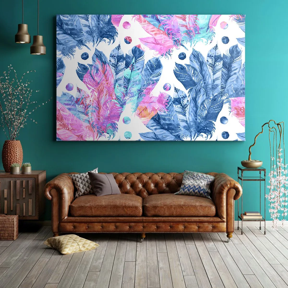 Lærredstryk - Billede på lærred - Abstrakt mønster med farverige fjer i pastelfarver - 70x50cm - Plys i lyserød og blå - Moderne vægdekoration til stue og soveværelse ARTTOR