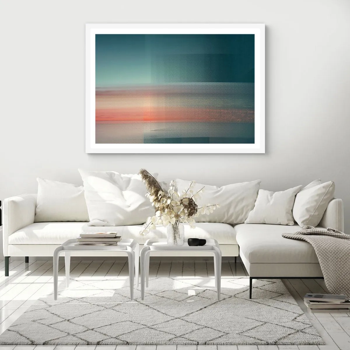 Plakat i hvid ramme - Abstraktion: bølger af lys - 100x70 cm