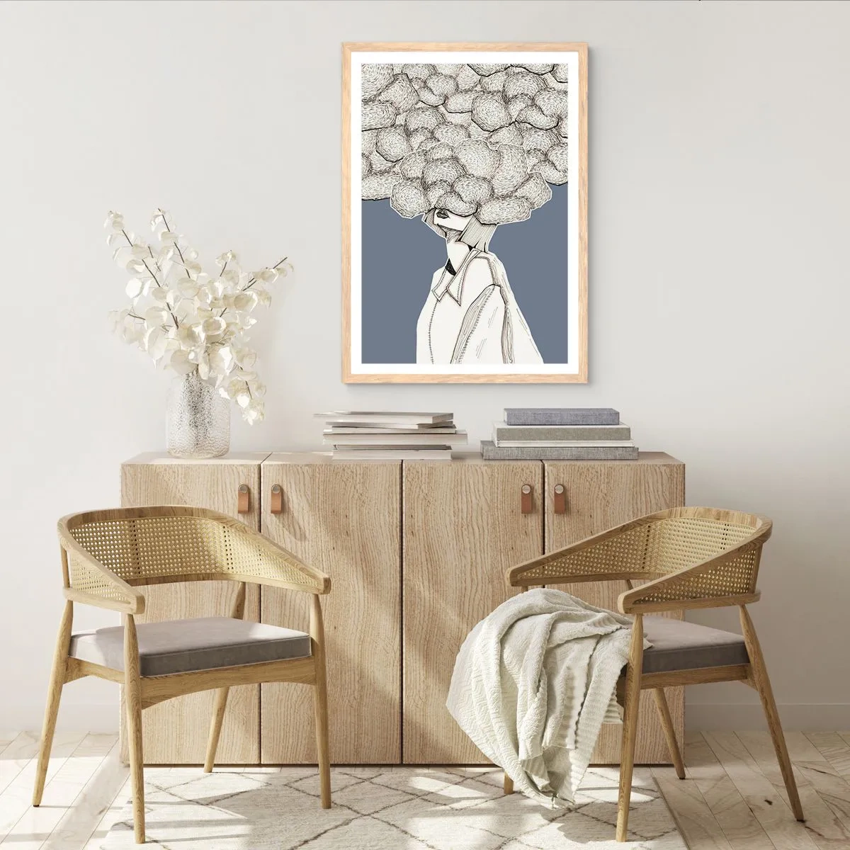 Plakat i ramme af lyst egetræ - Med hovedet i skyerne - 40x50 cm