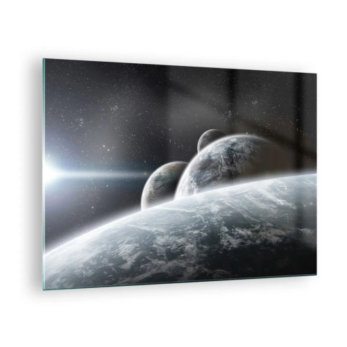 Billede på glas - Planeter i det ydre rum med en lysstråle - 70x50cm - Sfærernes kosmiske musik - Moderne vægdekoration til stue og soveværelse ARTTOR