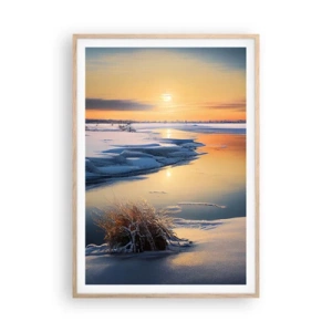 Plakat i ramme af lyst egetræ - Vintersolnedgang - 70x100 cm