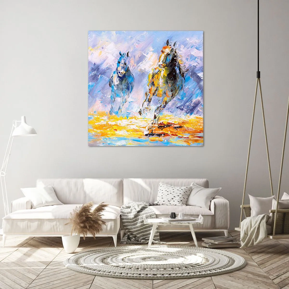 Lærredstryk - Billede på lærred - Galopperer gennem det blanke skær - 30x30 cm