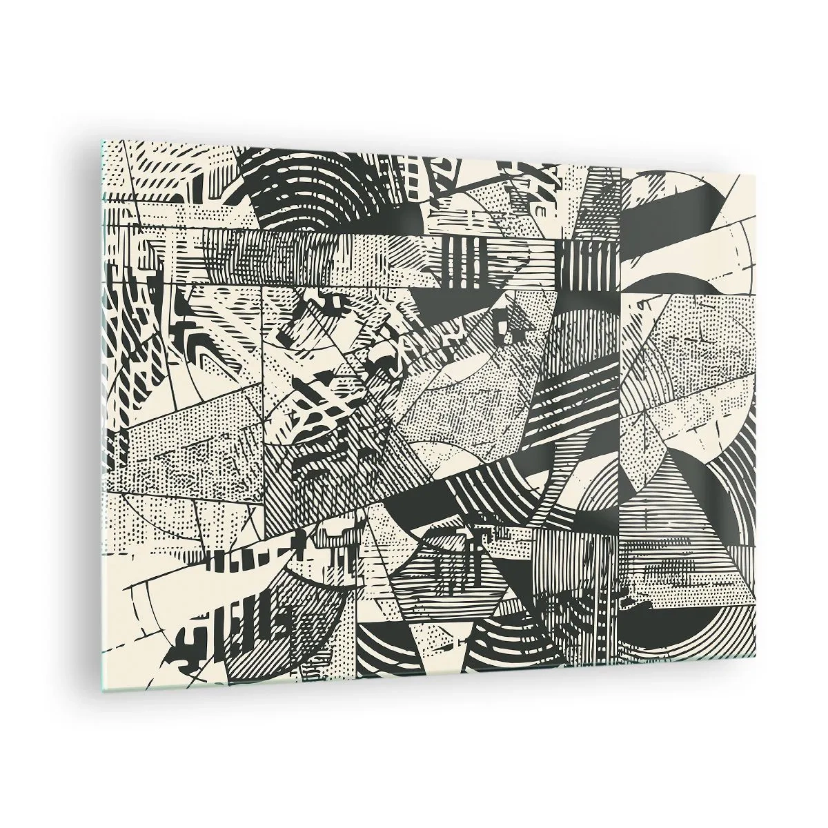 Billede på glas - Sort-hvid abstraktion med dynamiske geometriske mønstre - 70x50cm - Nutidens dynamik - Moderne vægdekoration til stue og soveværelse ARTTOR