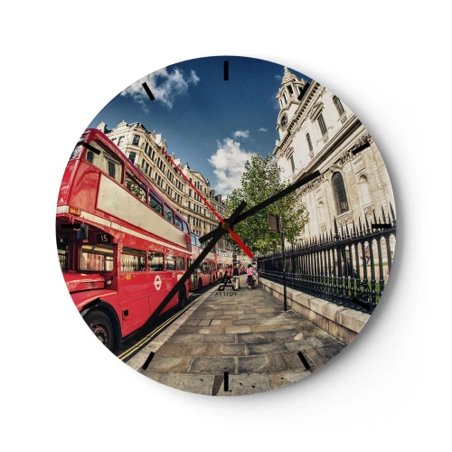 Vægur, Uret - En rød dobbeltdækkerbus på en bygade på en solskinsdag - 30x30cm - Gade i London i grå og rødt - Moderne vægdekoration til stue, køkken og soveværelse ARTTOR