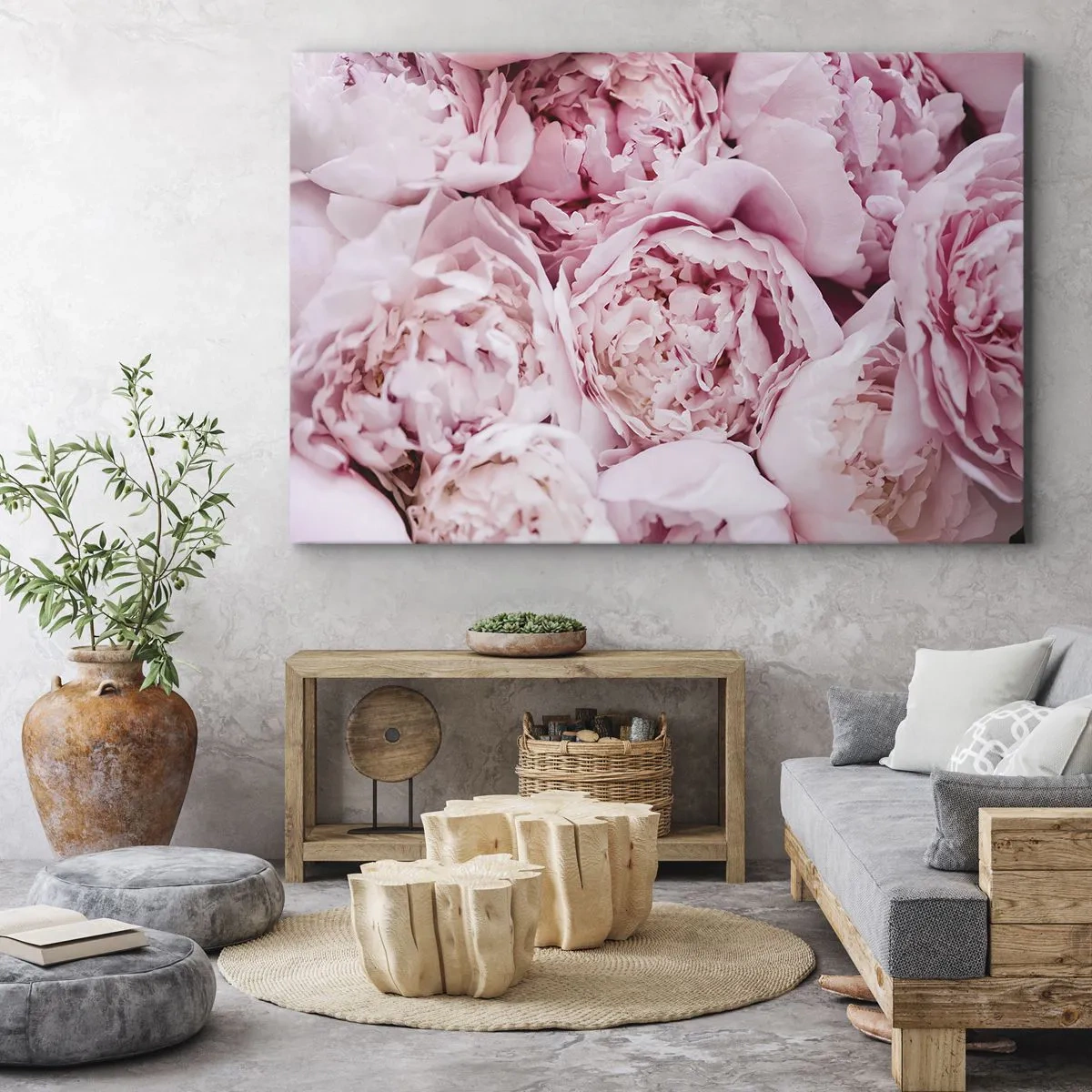 Lærredstryk - Billede på lærred - Nærbillede af en buket lyserøde pæoner - 70x50cm - Hyggeligt og velduftende - Moderne vægdekoration til stue og soveværelse ARTTOR