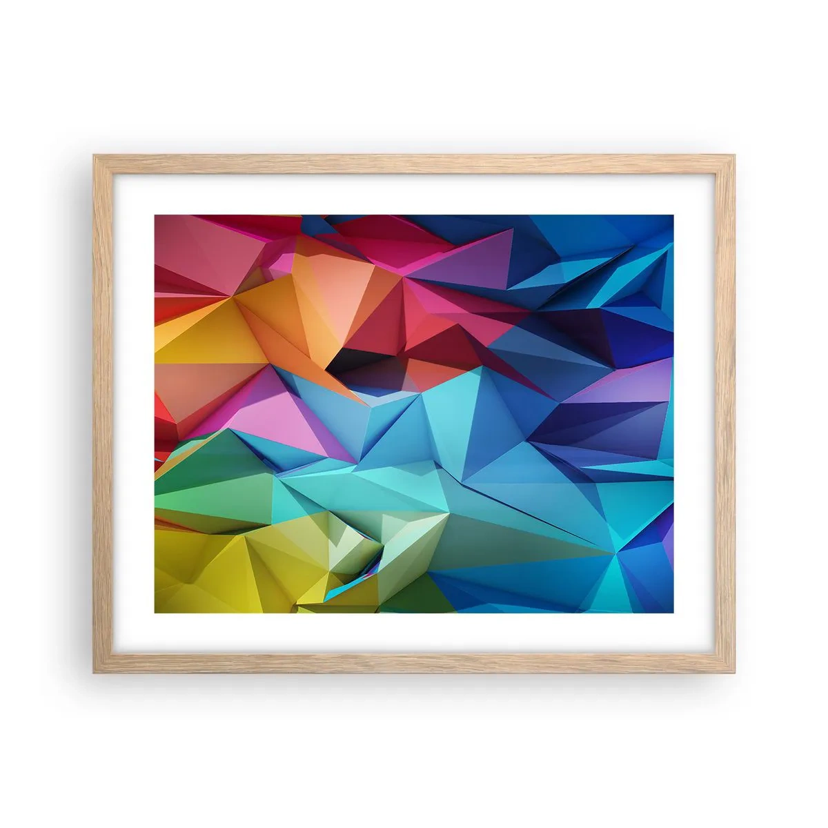 Plakat i ramme af lyst egetræ - Regnbue origami - 50x40 cm