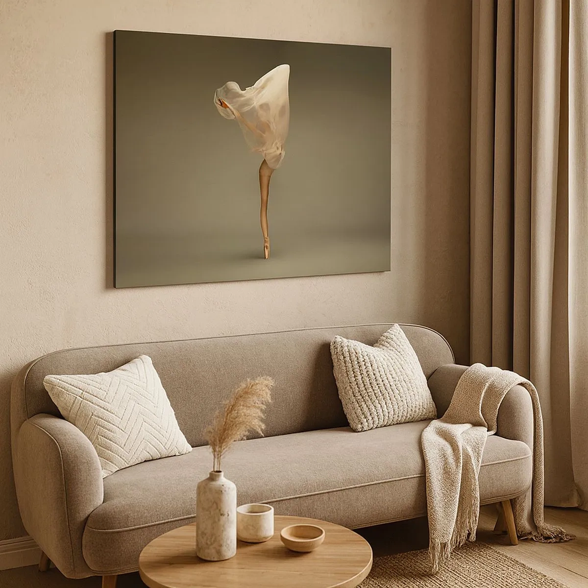 Lærredstryk - Billede på lærred - En danser svæver i luften med stof - 70x50cm - Den er ved at flyve - Moderne vægdekoration til stue og soveværelse ARTTOR