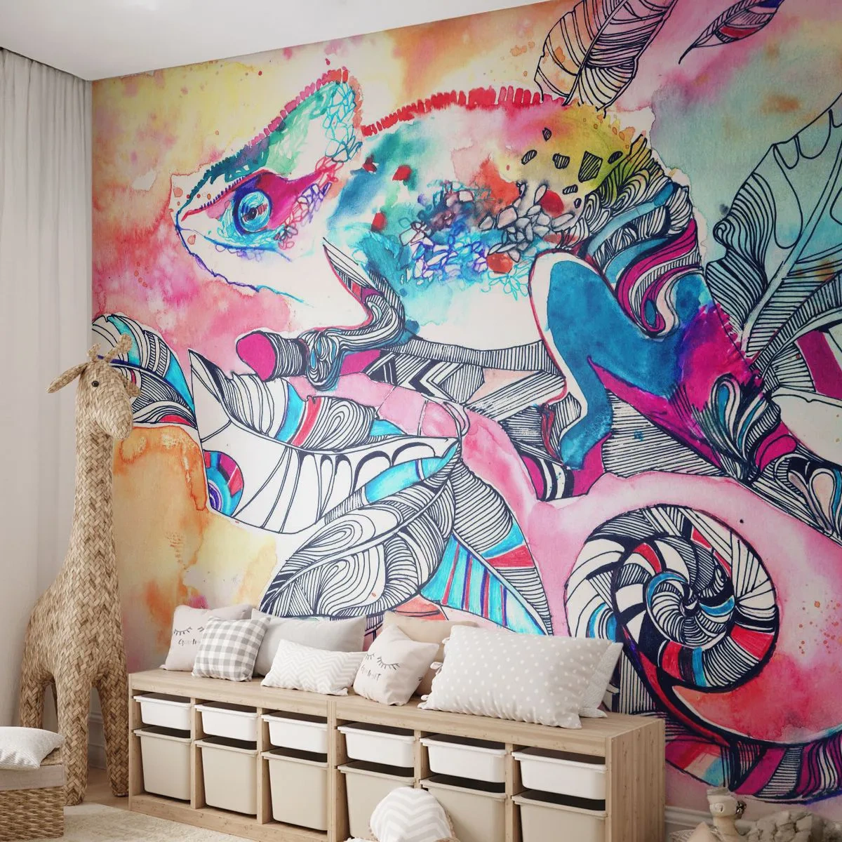 Fototapet Premium Canvas - Lige så farverig som vores verden - Kamæleon, Abstraktion, Natur - 250x175 cm