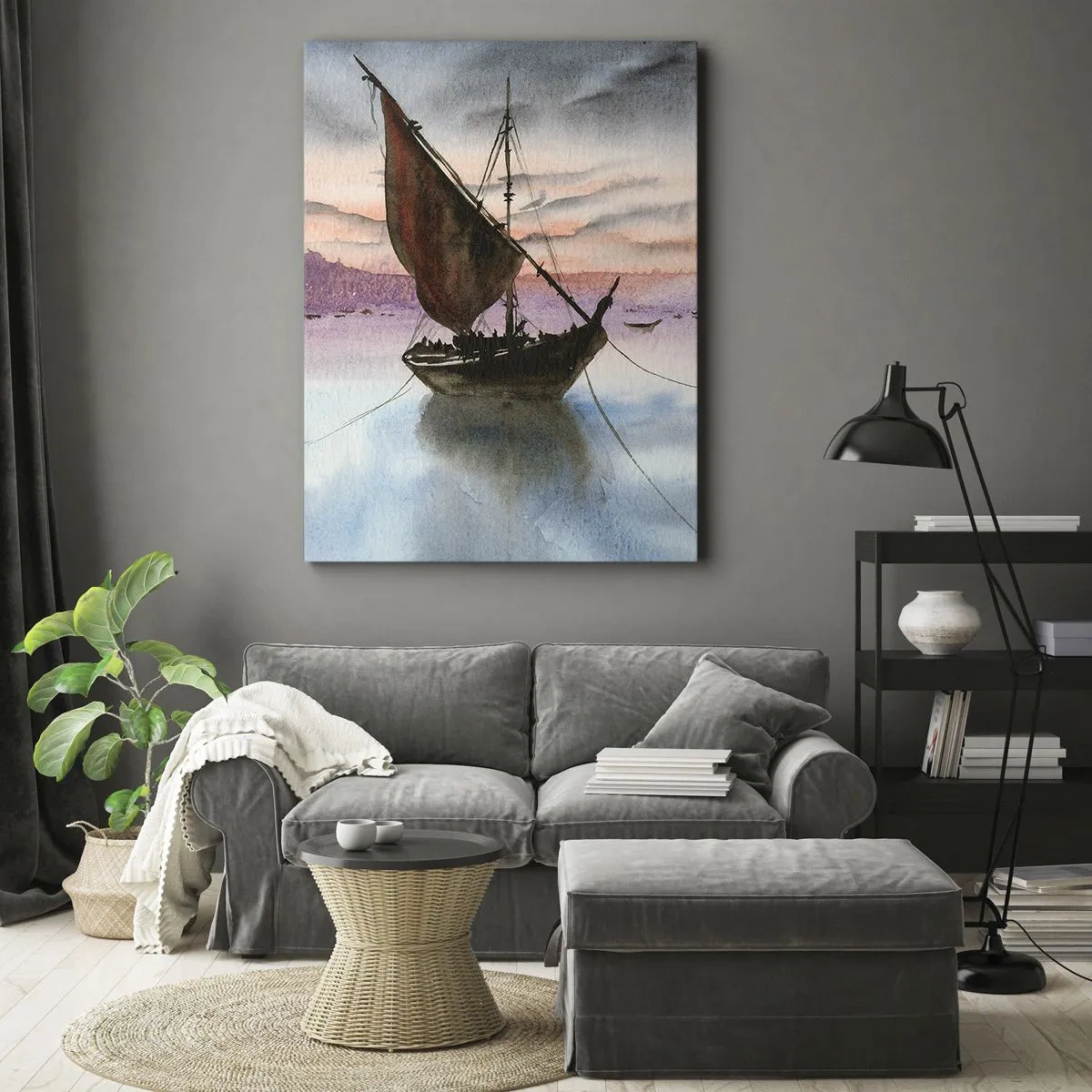 Lærredstryk - Billede på lærred - Aften i havnen - 45x80 cm