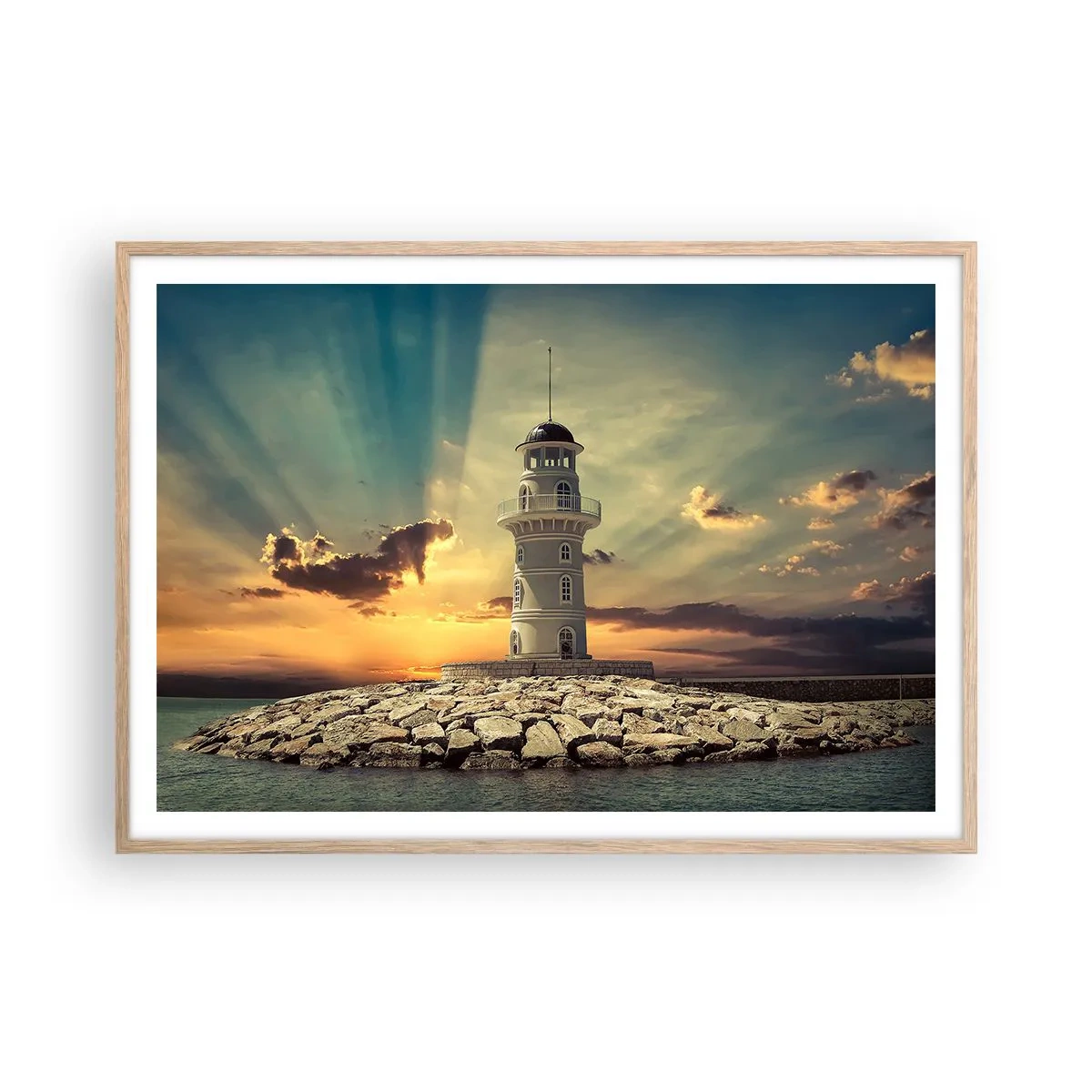 Plakat i ramme af lyst egetræ - Lys - Godhed - Skønhed - 100x70 cm