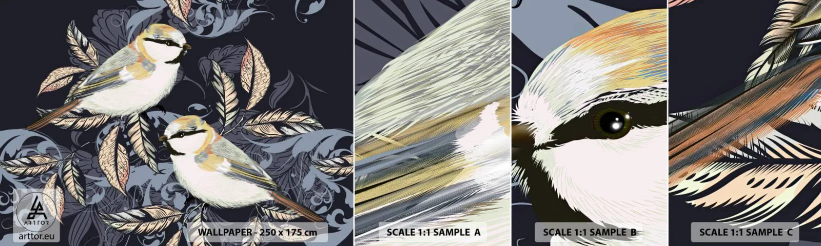 Fototapet Prøve Standard Eco - Gul-blå espalier - Abstraktion, Fugle, Blade - 100x30 cm