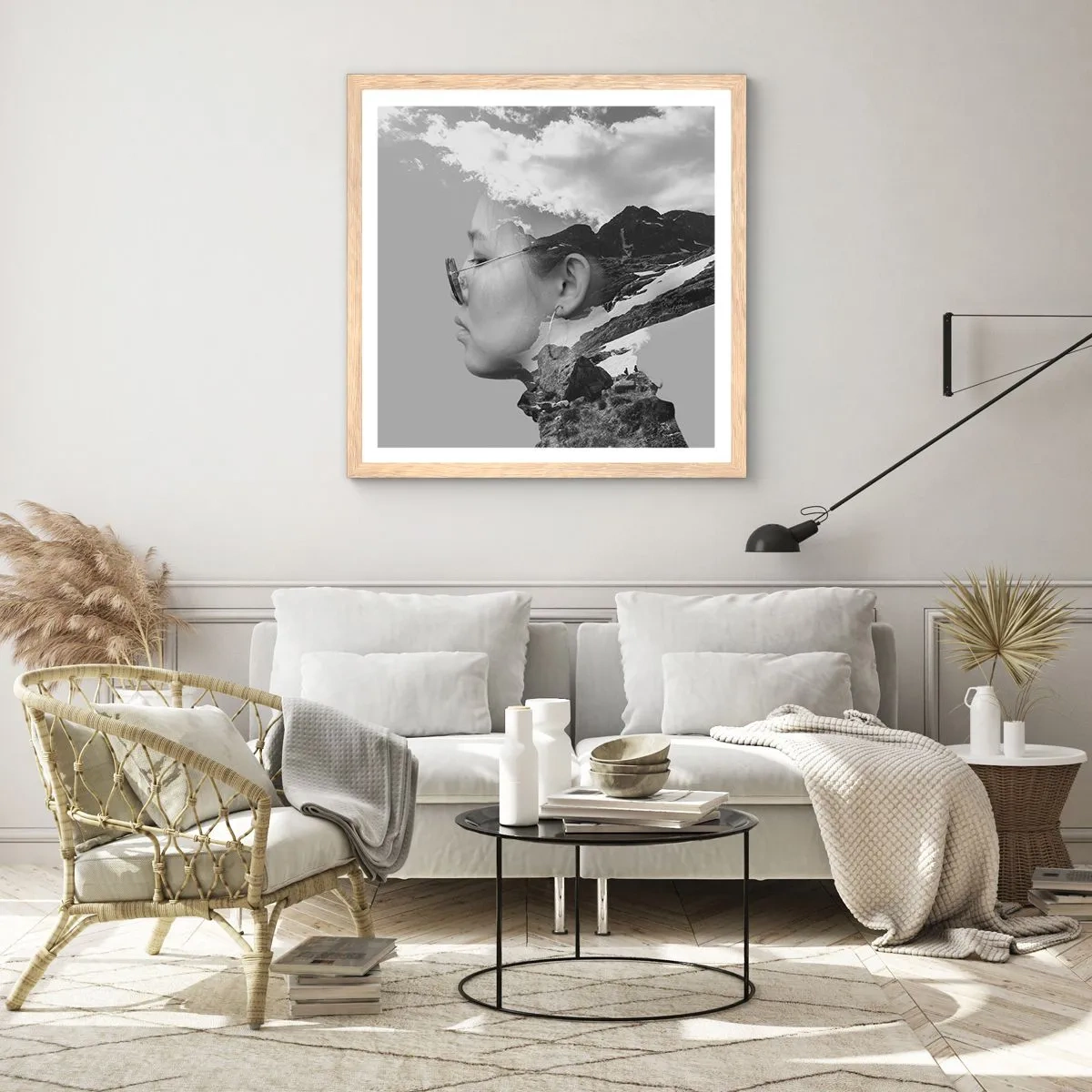 Plakat i ramme af lyst egetræ - Portræt af toppen og skyen - 40x40 cm