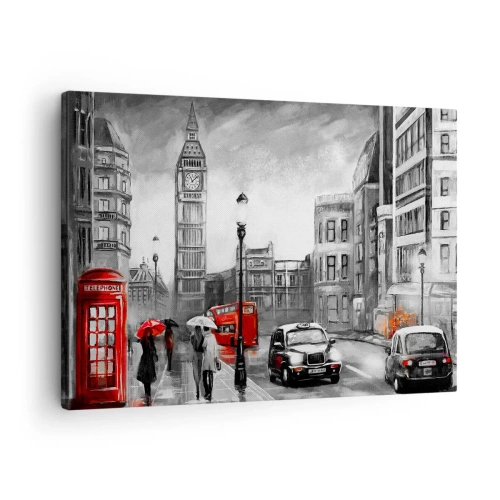 Lærredstryk - Billede på lærred - En London-scene i sort-hvid med røde accenter - 70x50cm - Overhovedet ikke en grå by - Moderne vægdekoration til stue og soveværelse ARTTOR