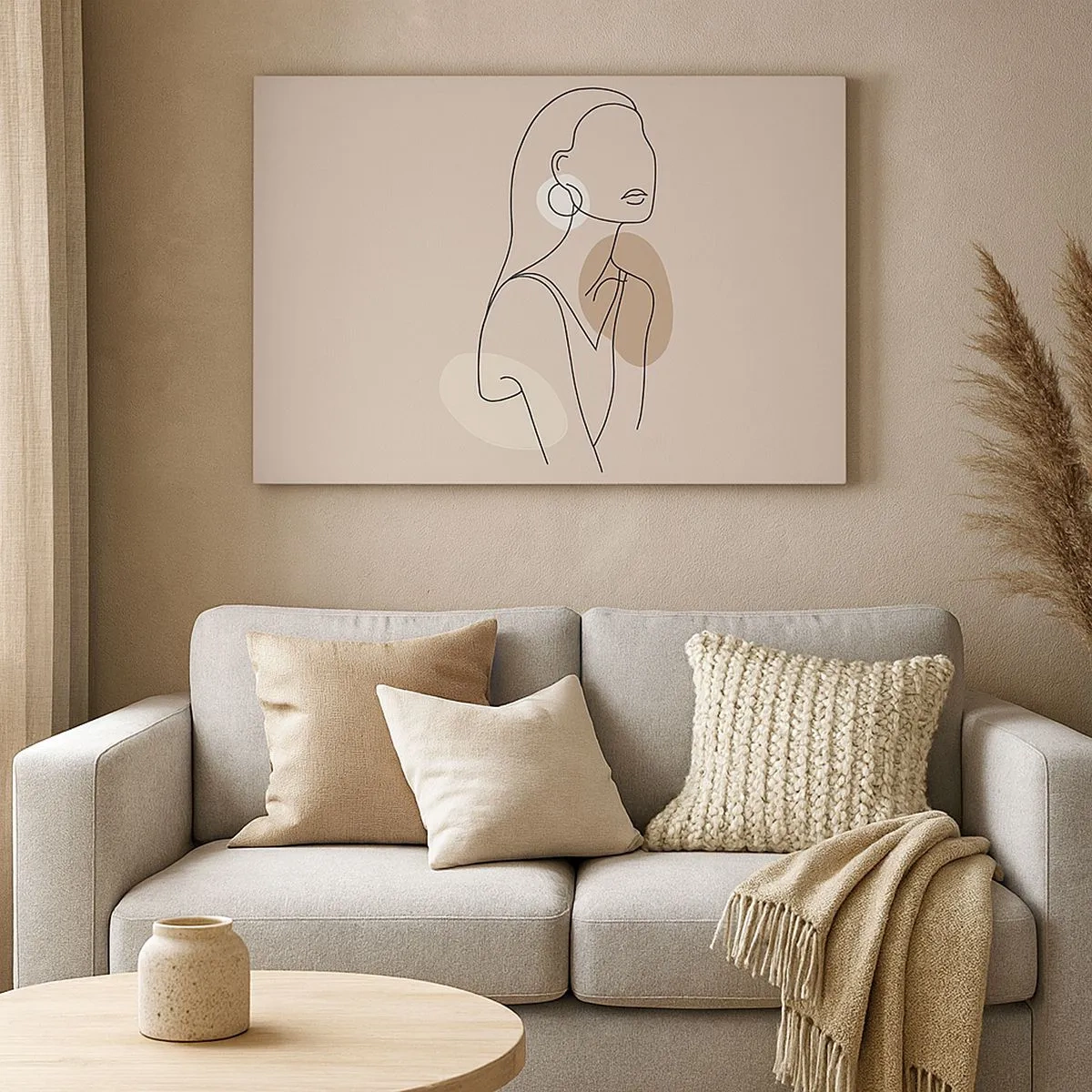 Lærredstryk - Billede på lærred - Minimalistisk illustration af en kvinde med konturer på en beige baggrund - 70x50cm - Et ikon for pigelivet - Moderne vægdekoration til stue og soveværelse ARTTOR