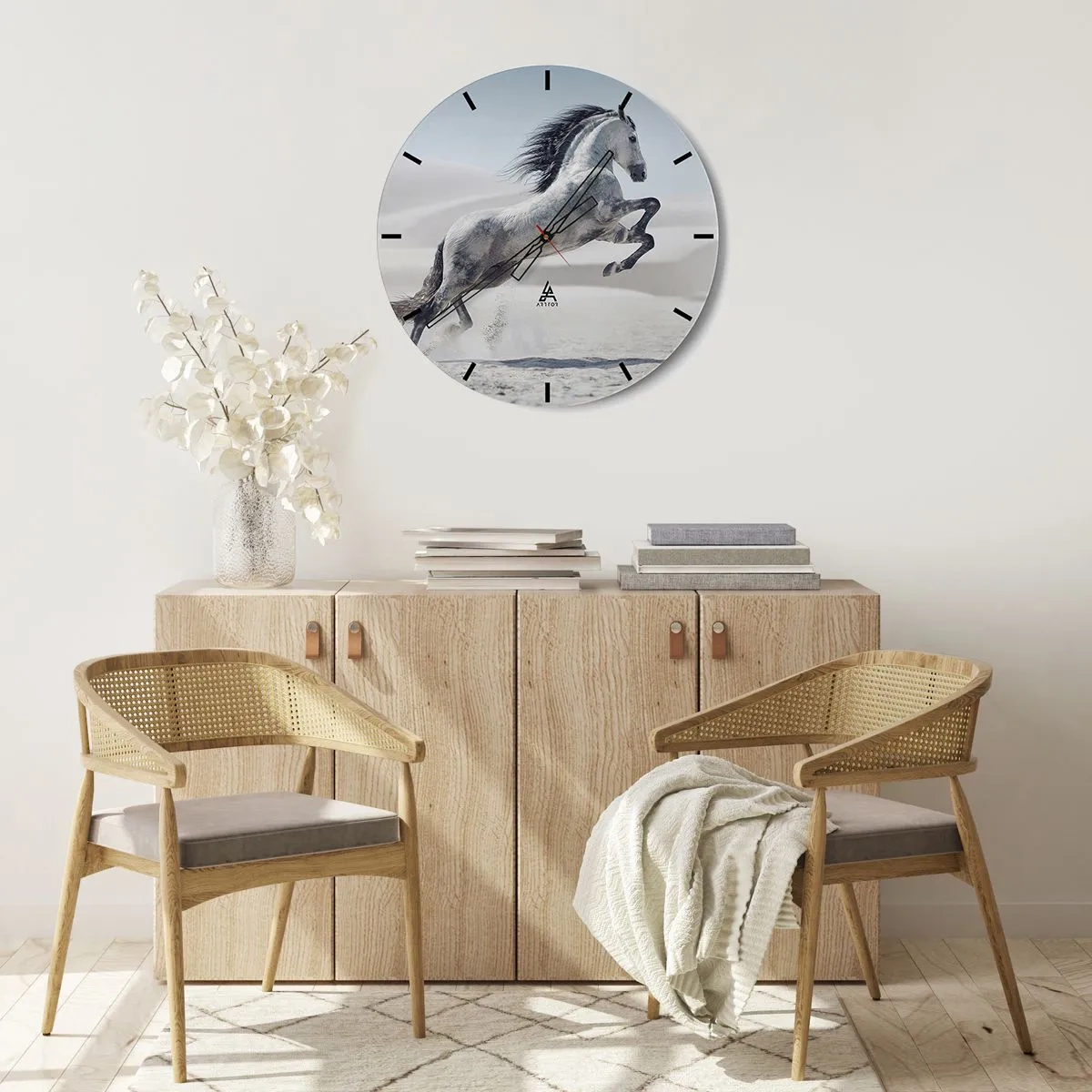 Vægur, Uret - En springende arabisk hest mod en ørkenbaggrund - 30x30cm - Arabisk prins - Moderne vægdekoration til stue, køkken og soveværelse ARTTOR