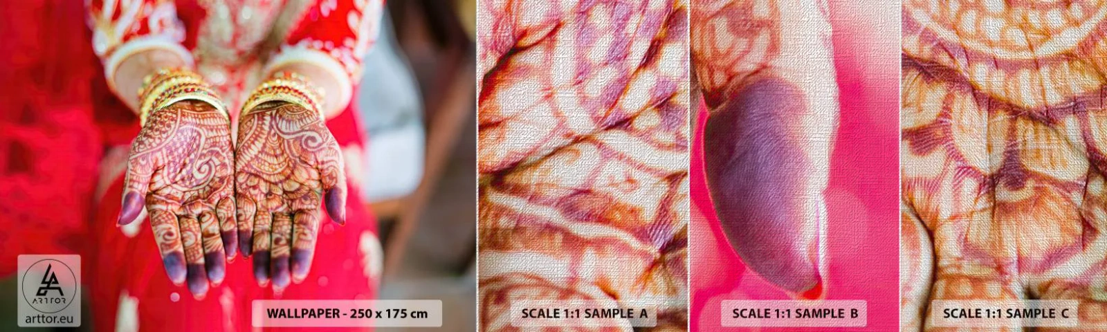 Prøve Fototapet Premium Canvas - Klar til at fange lykken - Kvinders hænder, Orientalske designs, Indien - 100x30 cm