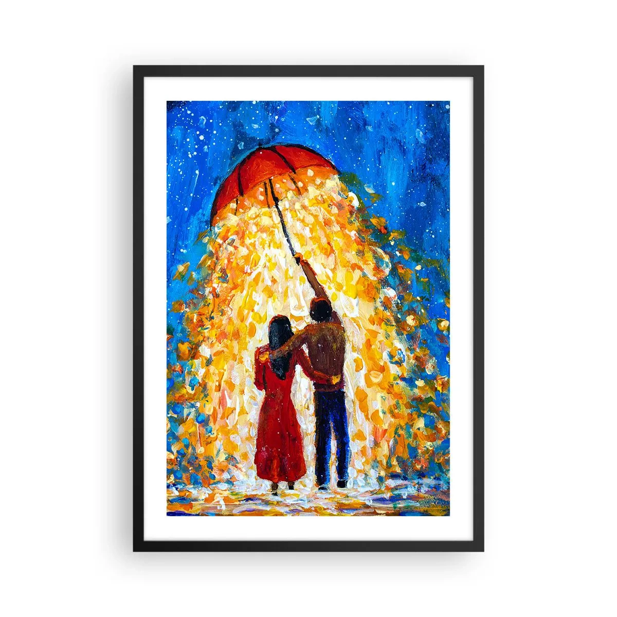 Plakat i sort ramme - Et romantisk par under en paraply fuld af lys - 50x70cm - Magien ved en regnfuld aften? - Moderne vægdekoration til stue og soveværelse ARTTOR