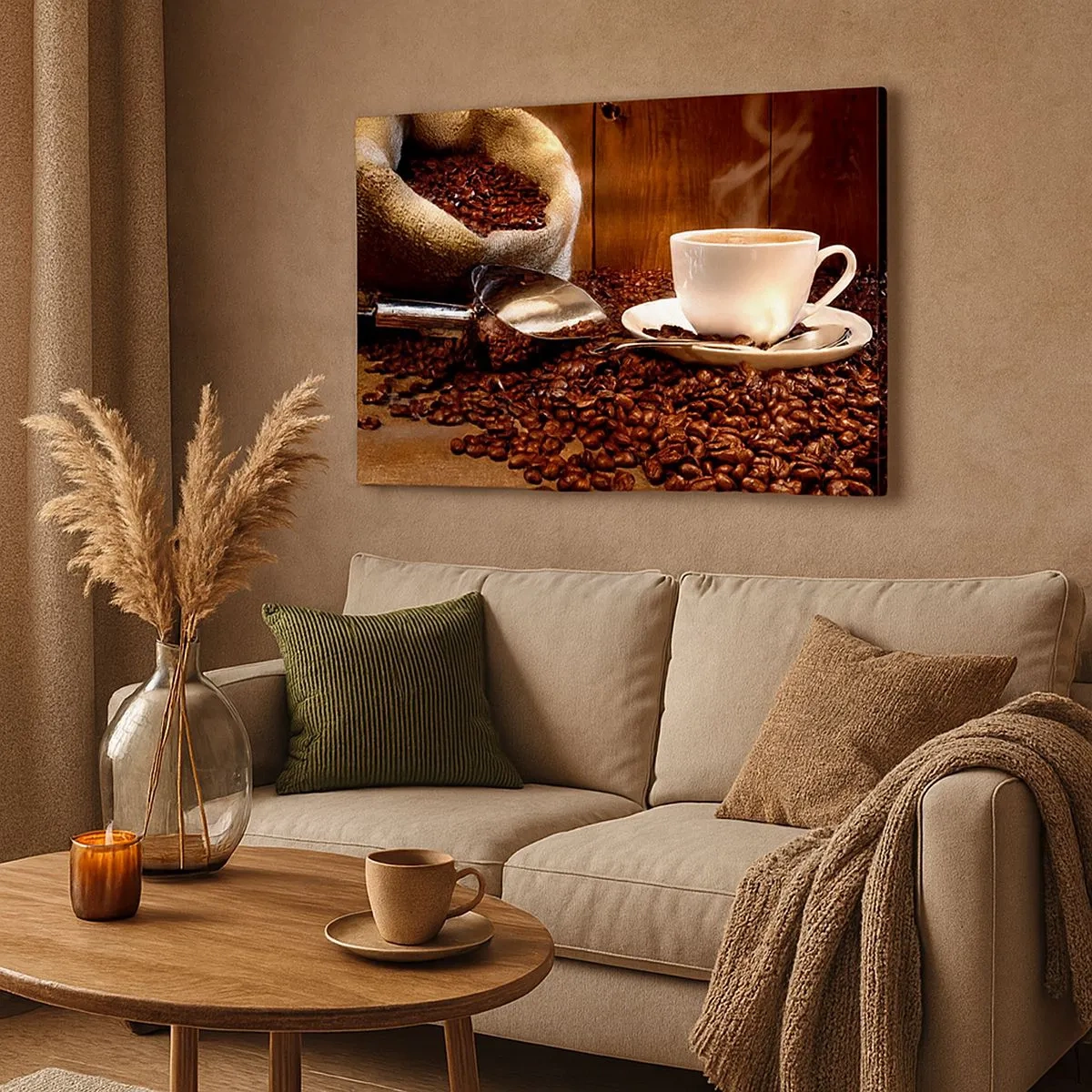 Lærredstryk - Billede på lærred - En kop kaffe med kaffebønner og en kornpose i baggrunden - 70x50cm - Kan du lugte det? - Moderne vægdekoration til stue og soveværelse ARTTOR