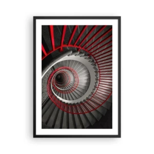 Plakat i sort ramme - Vindeltrappe i sort og hvid med røde gelændere - 50x70cm - Arkitektoniske lege - Moderne vægdekoration til stue og soveværelse ARTTOR
