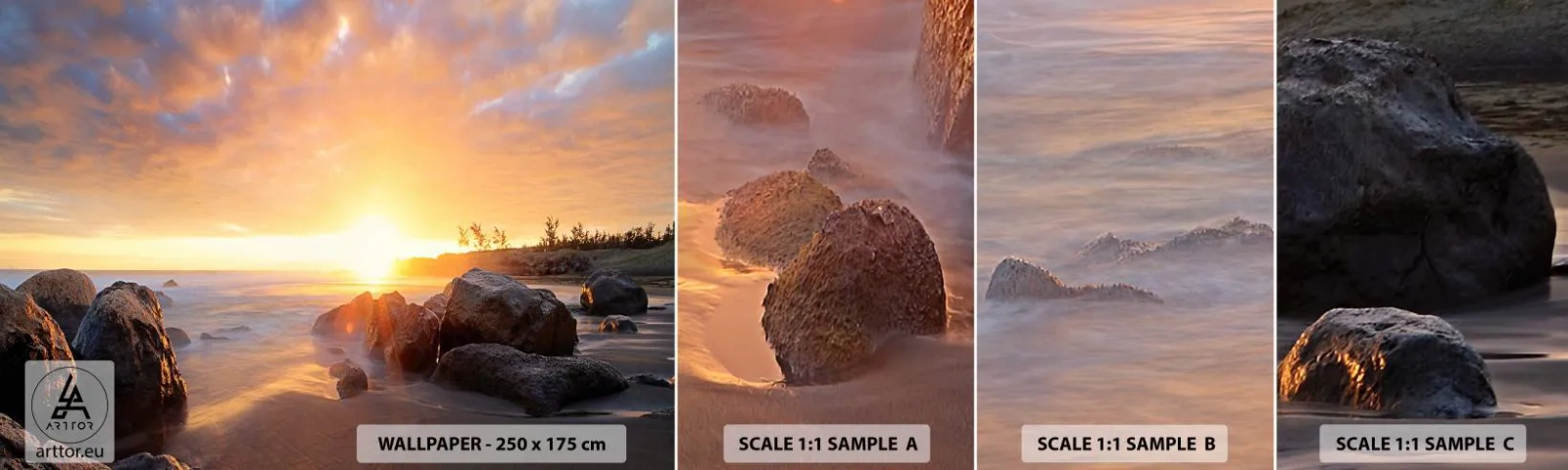 Prøve Fototapet Selvklæbende Deluxe Sticker - En lysende aftenbrise - Landskab, Hav, Solopgang - 100x30 cm