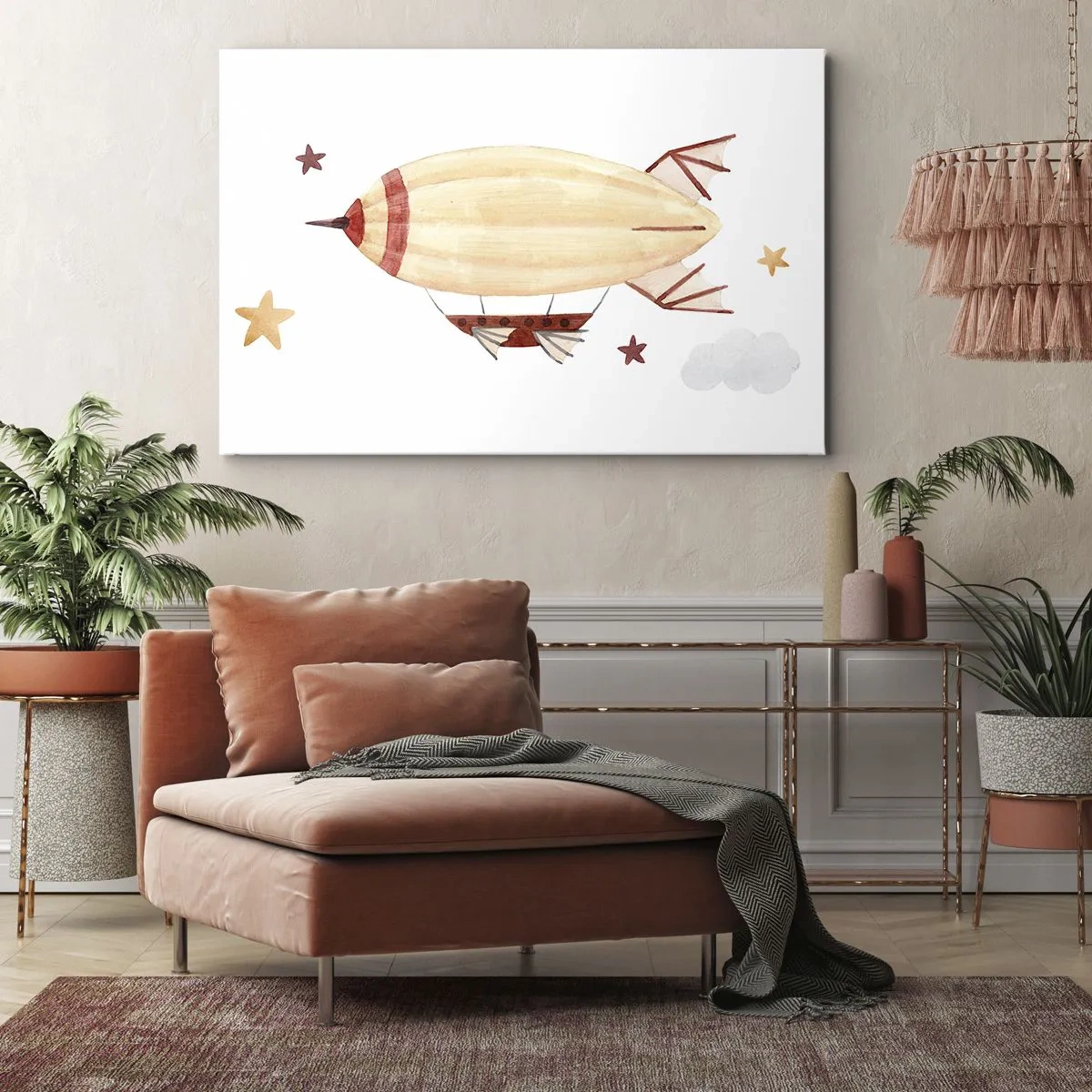 Lærredstryk - Billede på lærred - Et håndmalet luftskib mod en baggrund af stjerner - 70x50cm - Et luftskib - Moderne vægdekoration til stue og soveværelse ARTTOR