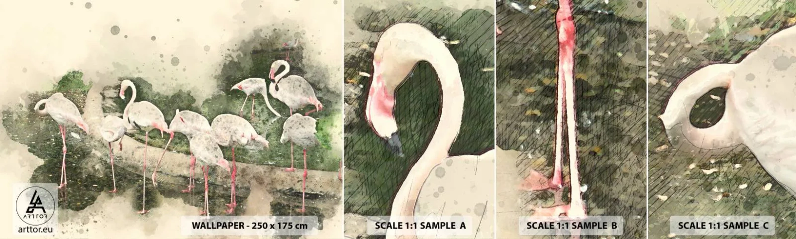 Prøve Fototapet Selvklæbende Deluxe Sticker - En eksotisk drøm - Fugle, Flamingoer, Natur - 100x30 cm