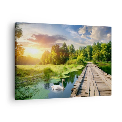 Lærredstryk - Billede på lærred - Et malerisk landskab med en bro og en svane - 70x50cm - Sommer, sommer overalt - Moderne vægdekoration til stue og soveværelse ARTTOR