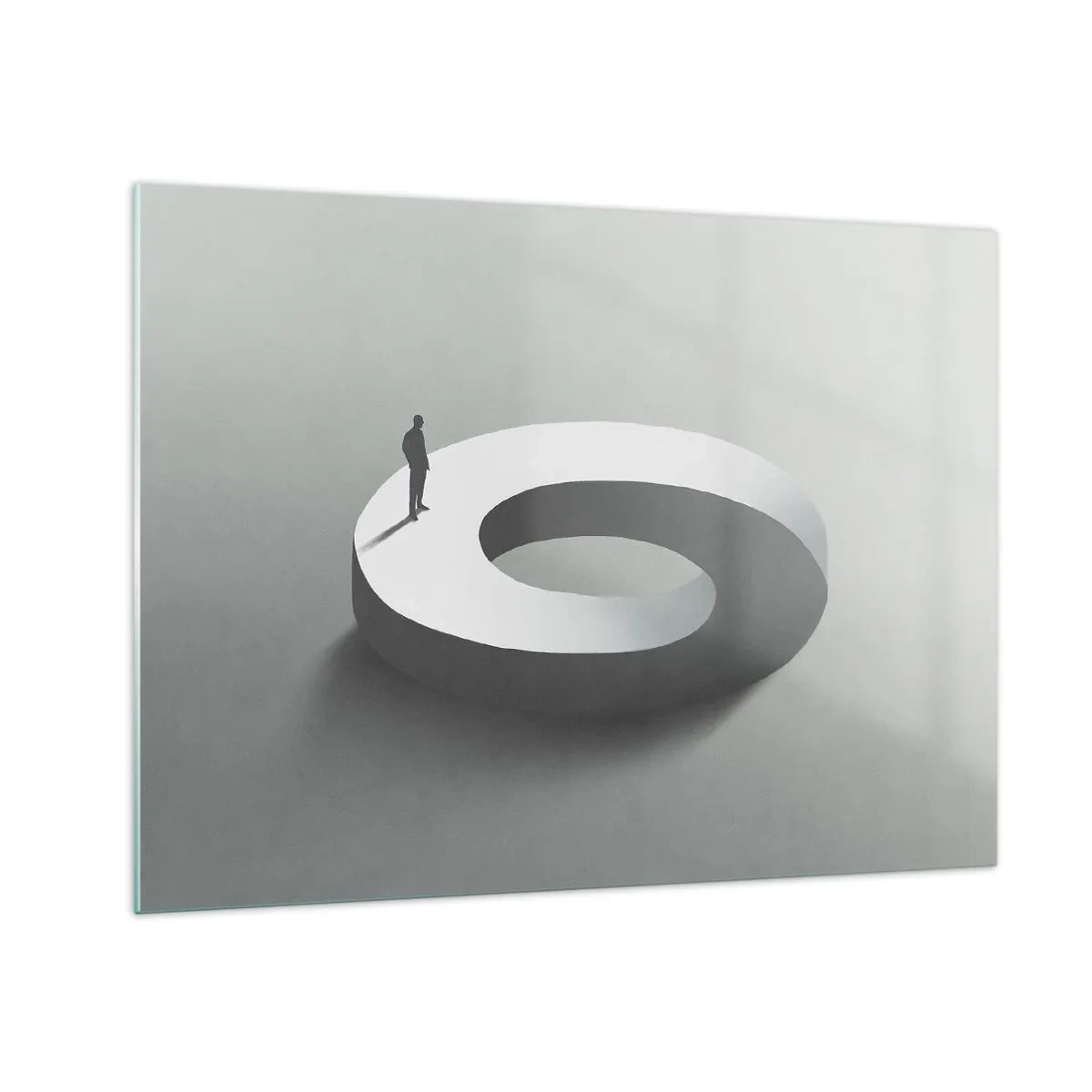 Billede på glas - En minimalistisk silhuet af en mand på en hvid ring - 70x50cm - Og vær klog - Moderne vægdekoration til stue og soveværelse ARTTOR