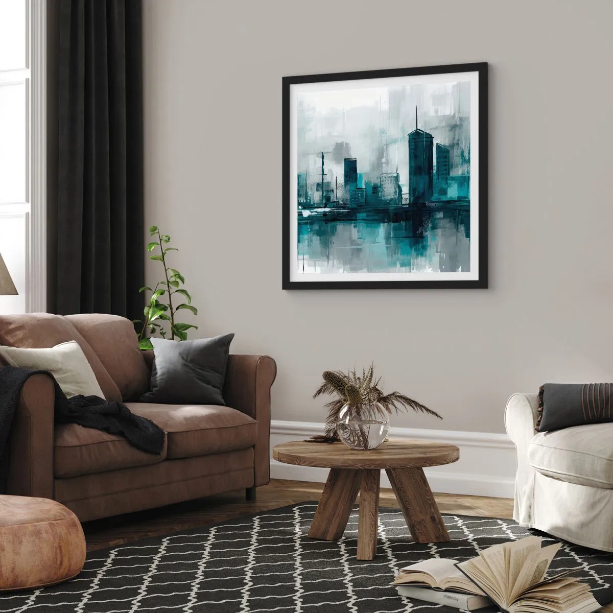 Plakat i sort ramme - Regnfarvet by - 30x30 cm