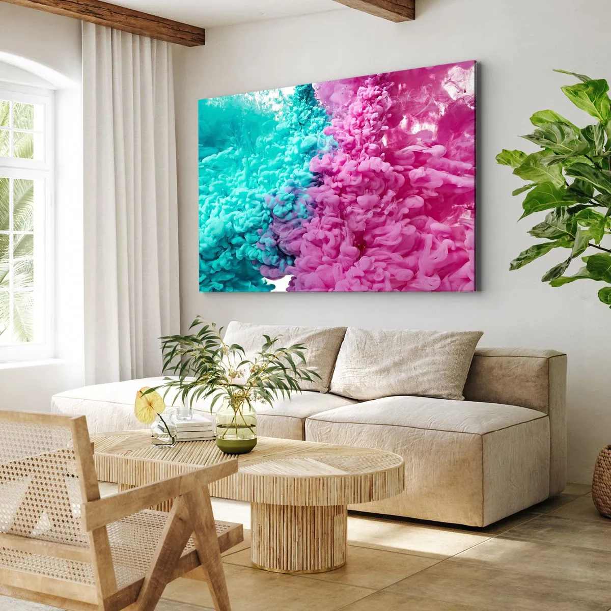 Lærredstryk - Billede på lærred - Farverige bølger af turkis og lyserød i en abstrakt form - 70x50cm - Et afgørende sammenstød - Moderne vægdekoration til stue og soveværelse ARTTOR