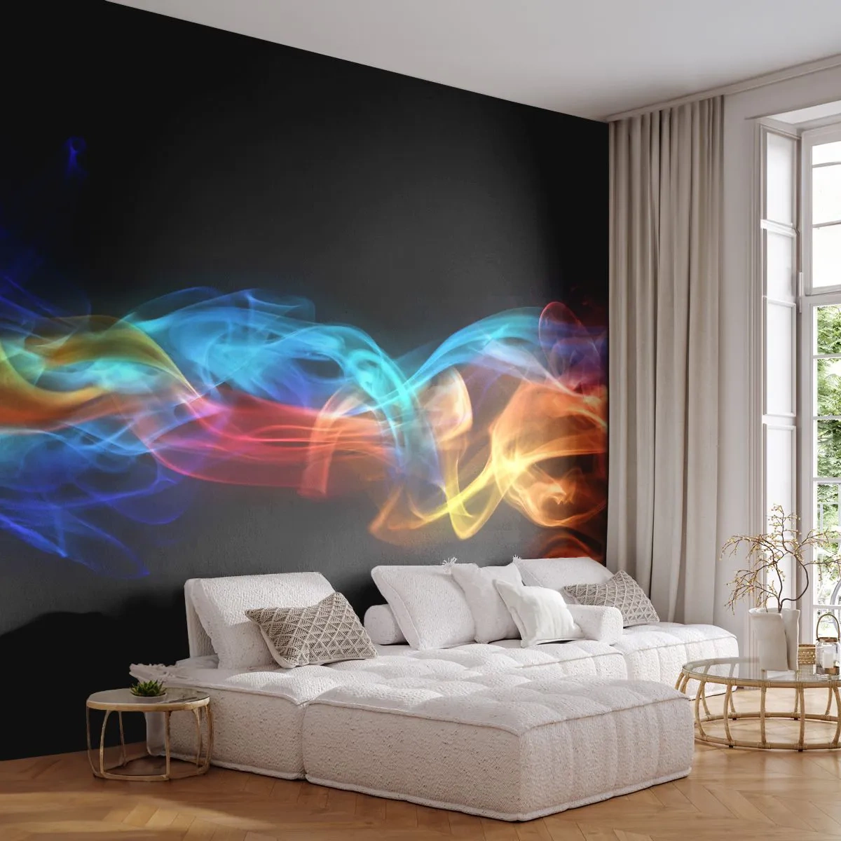 Fototapet Premium Canvas - Regnbuedans i tågerne - Abstraktion, Grafik, Farverige flammer - 250x175 cm