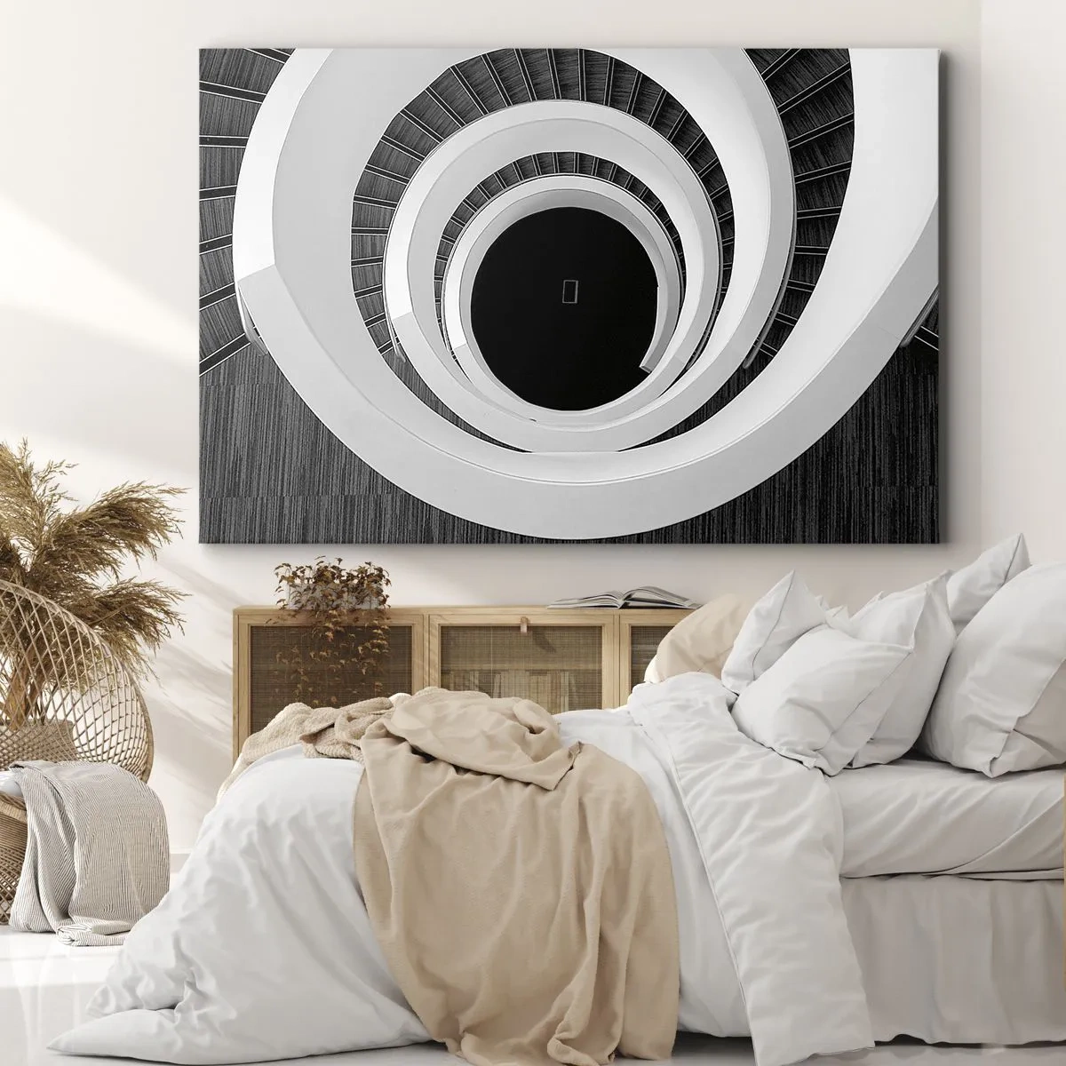 Lærredstryk - Billede på lærred - Sort og hvid vindeltrappe i moderne stil - 70x50cm - Til sagen - Moderne vægdekoration til stue og soveværelse ARTTOR