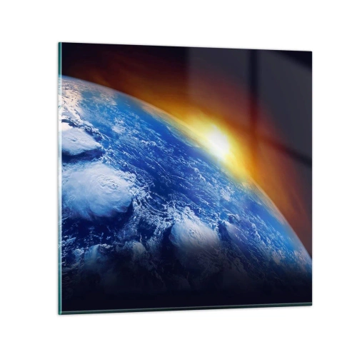 Billede på glas - Solopgang over den blå planet - 70x70 cm