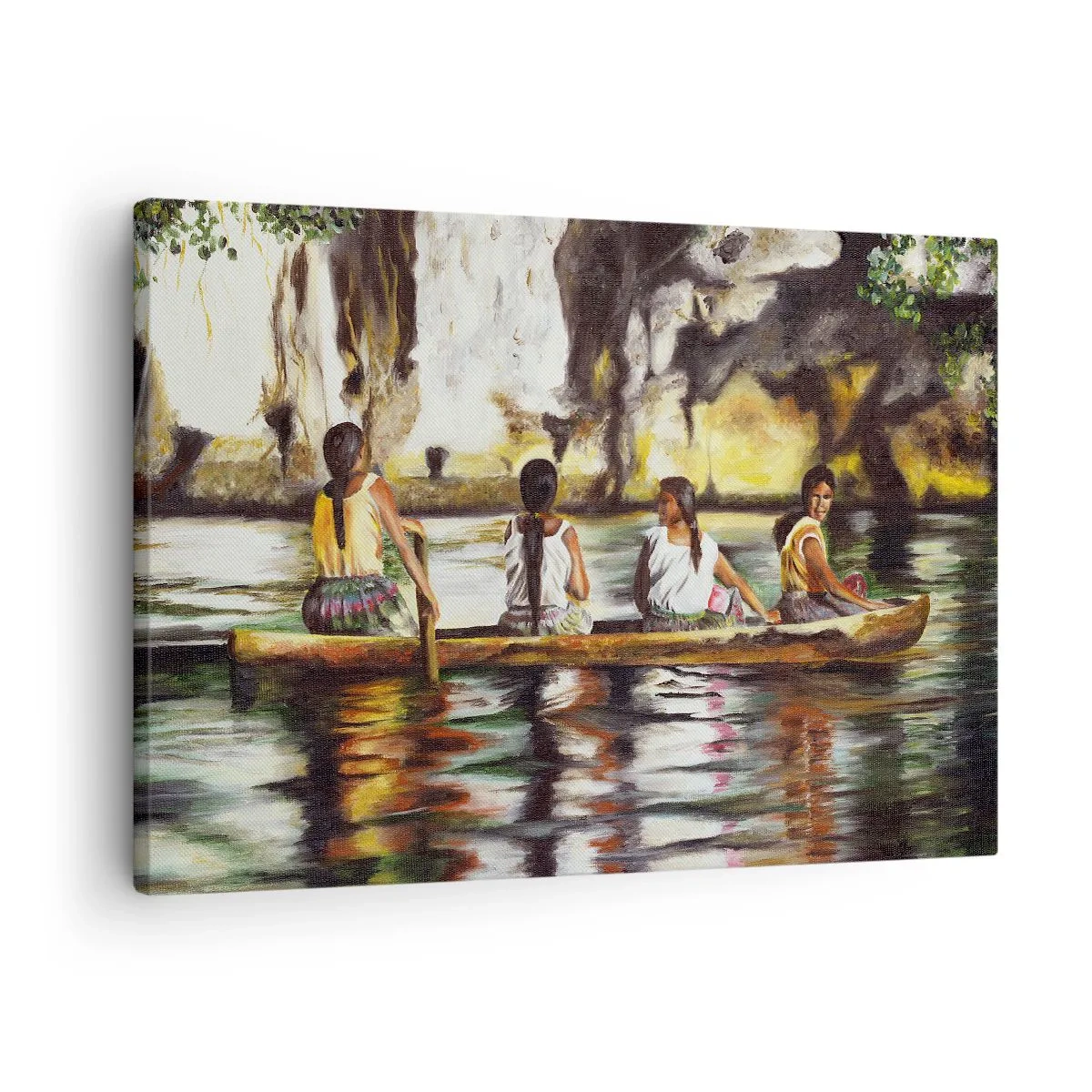 Lærredstryk - Billede på lærred - Kvinder i en båd på en rolig flod med en malerisk baggrund - 70x50cm - I et polynesisk paradis - Moderne vægdekoration til stue og soveværelse ARTTOR