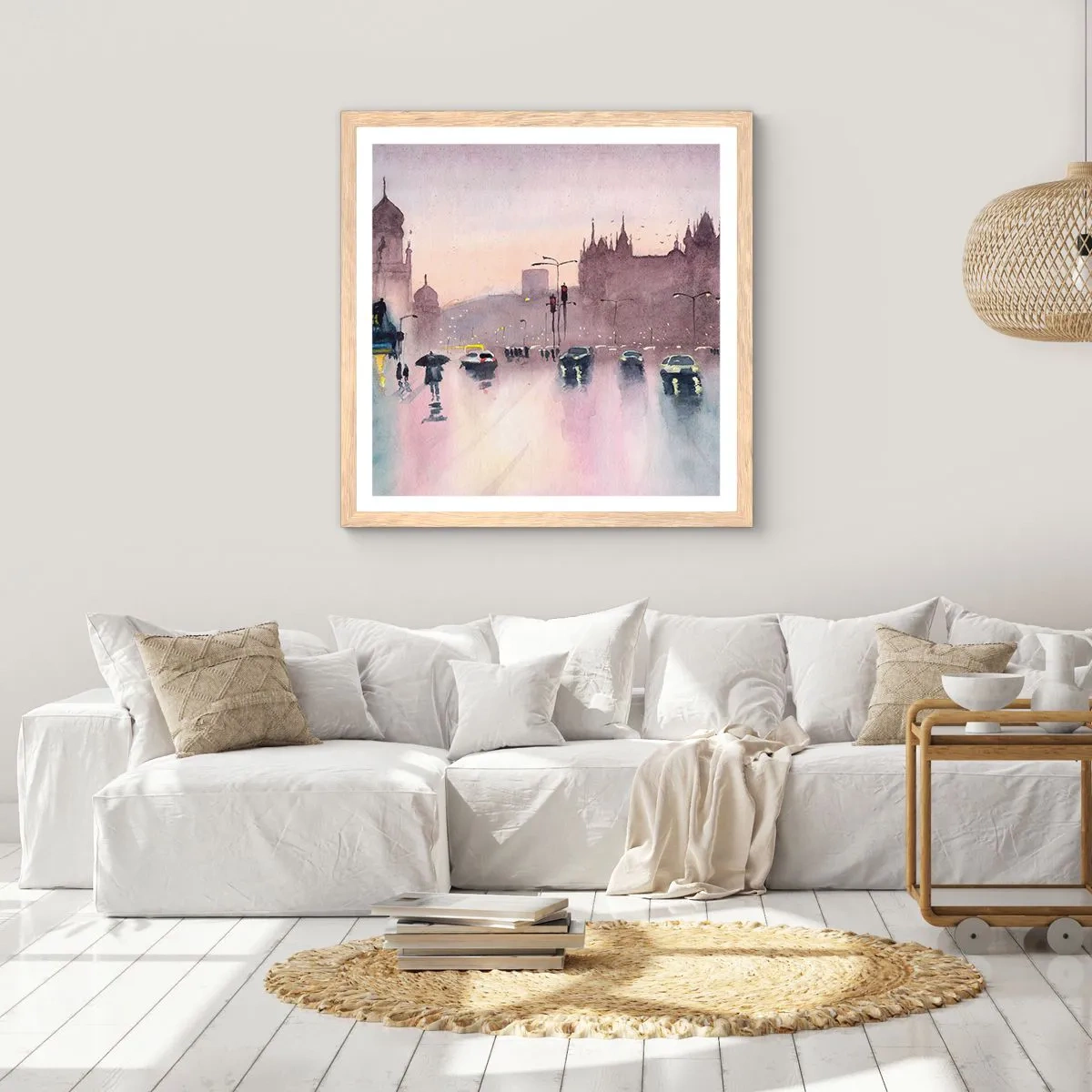 Plakat i ramme af lyst egetræ - I en regnfuld tåge - 40x40 cm