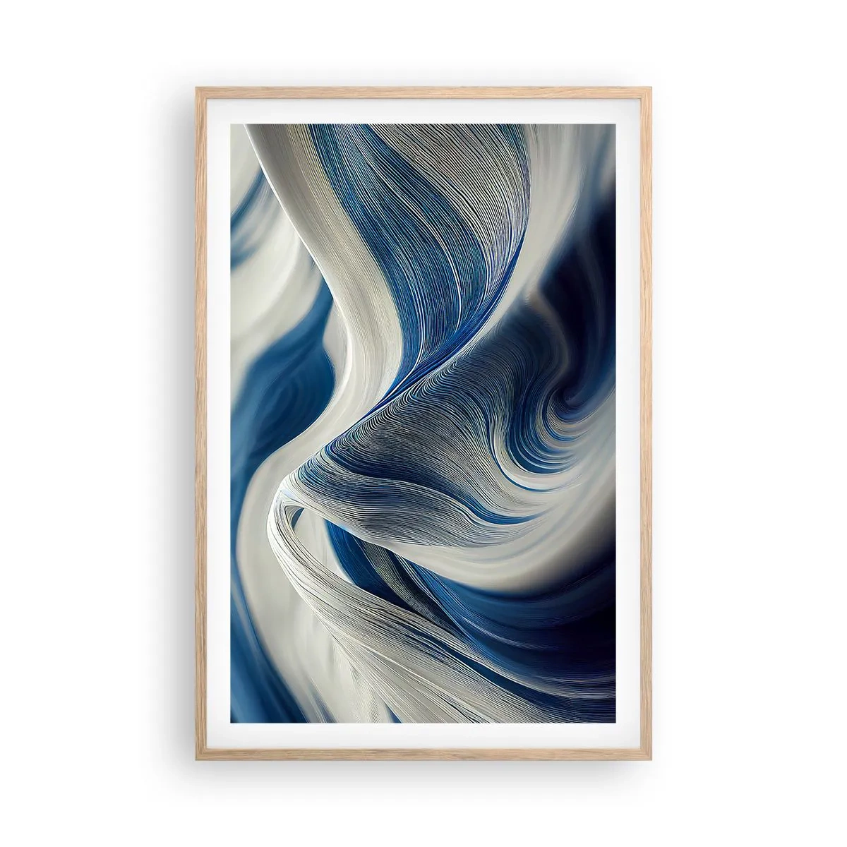 Plakat i ramme af lyst egetræ - Flydende blå og hvide farver - 61x91 cm
